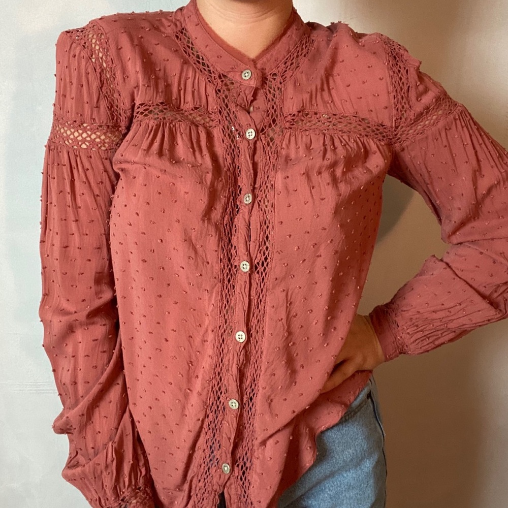 FREE PEOPLE DARK PEACH DOTTED COTTON PEASANT TOP